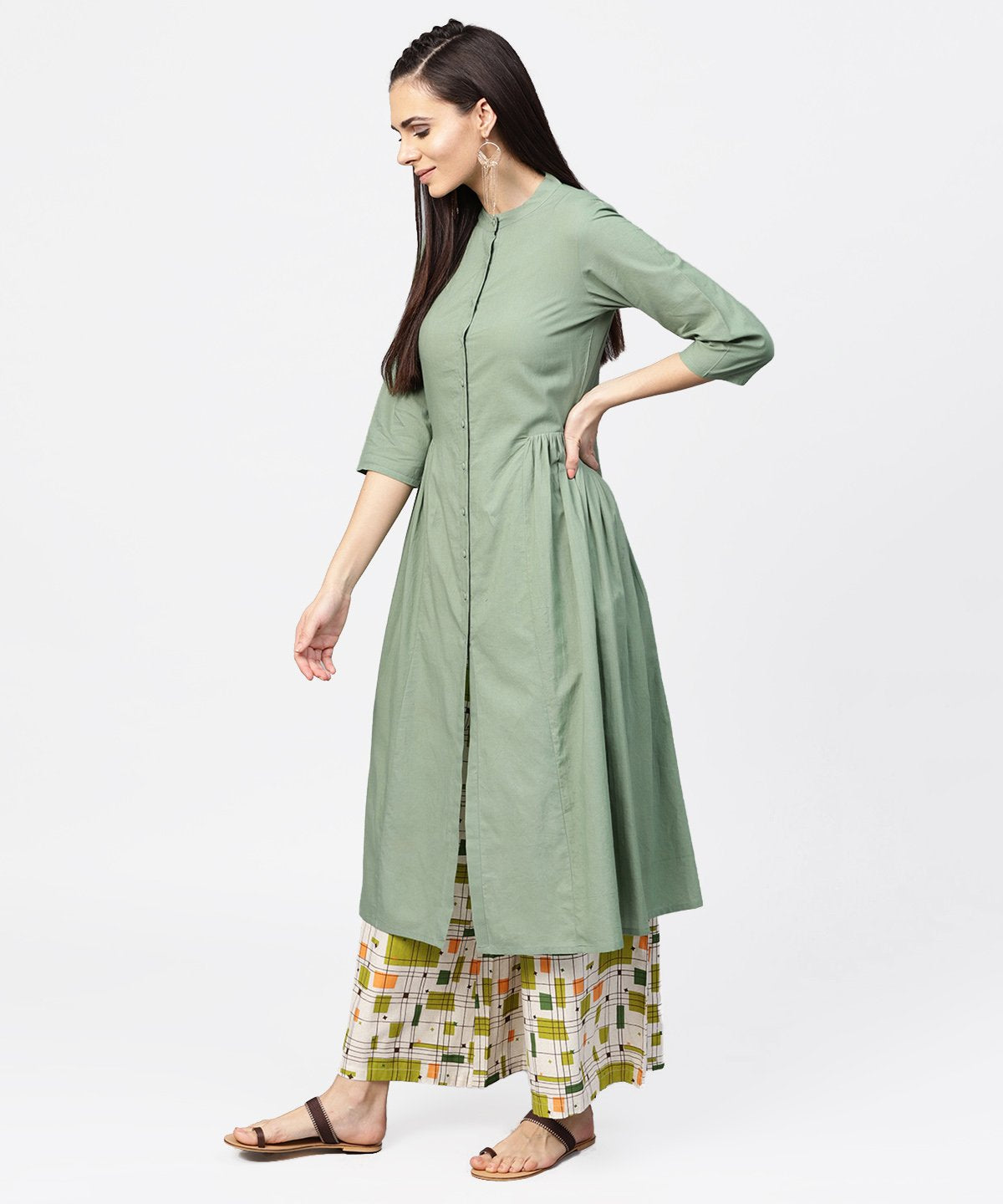 Women's Dark Green Solid 3/4Th Sleeve Cotton A-Line Kurta