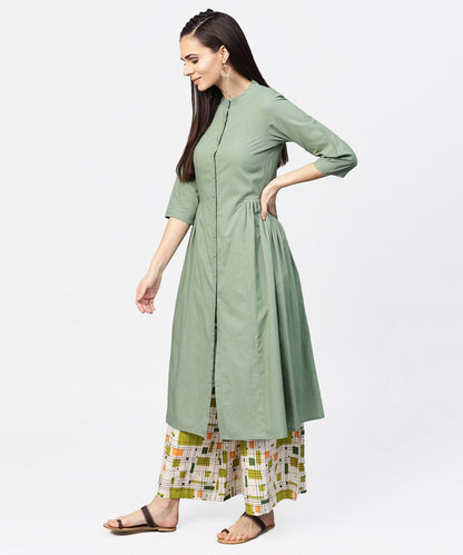 Women's Dark Green Solid 3/4Th Sleeve Cotton A-Line Kurta