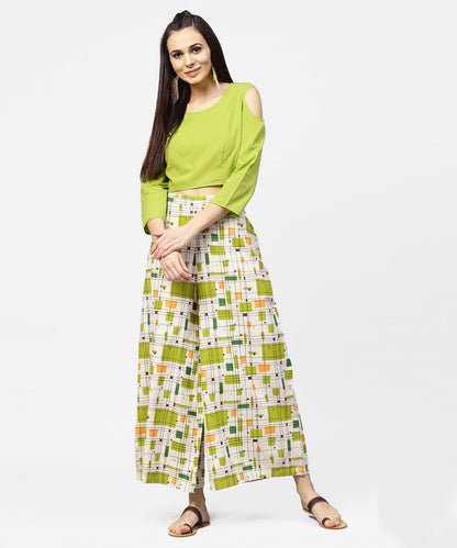 Women's Green 3/4Th Cold Shoulder Sleeve Crop Top With Ankle Length Printed Palazzo