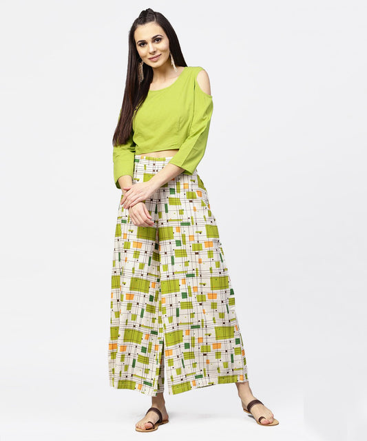 Women's Green 3/4Th Cold Shoulder Sleeve Crop Top With Ankle Length Printed Palazzo