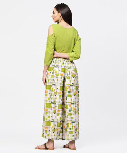 Women's Green 3/4Th Cold Shoulder Sleeve Crop Top With Ankle Length Printed Palazzo