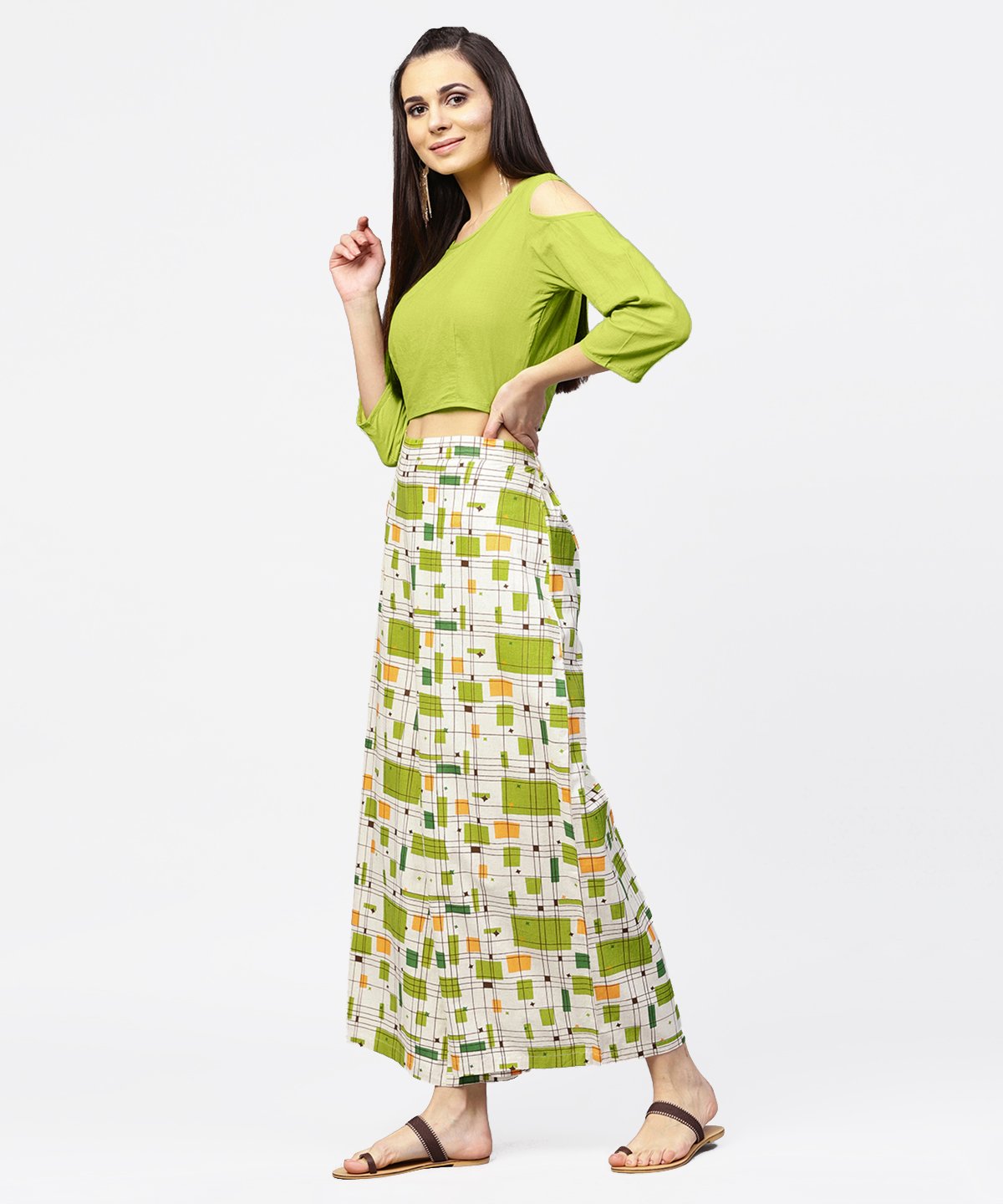 Women's Green 3/4Th Cold Shoulder Sleeve Crop Top With Ankle Length Printed Palazzo