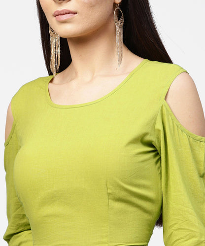 Women's Green 3/4Th Cold Shoulder Sleeve Crop Top With Ankle Length Printed Palazzo