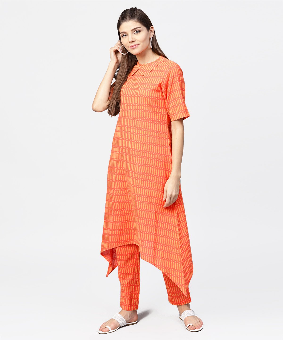Women's Peach Half Sleeve Cotton Assymetric Kurta With Ankle Length Pant