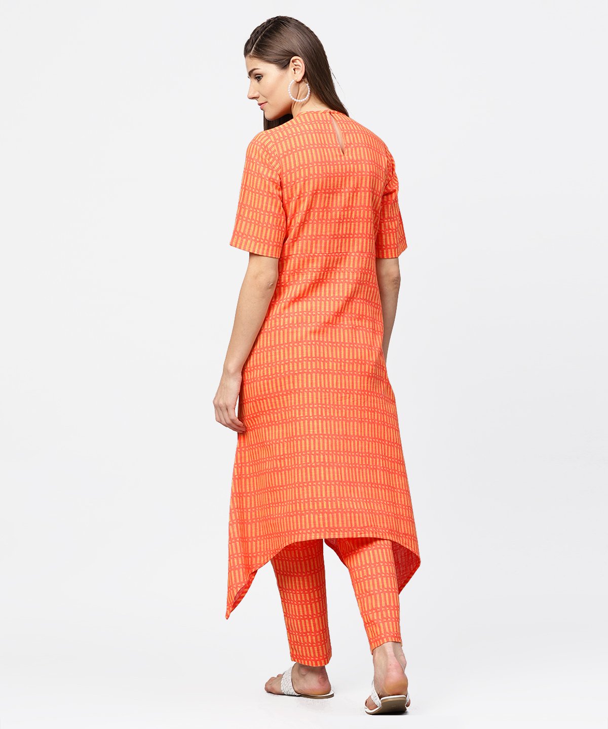 Women's Peach Half Sleeve Cotton Assymetric Kurta With Ankle Length Pant