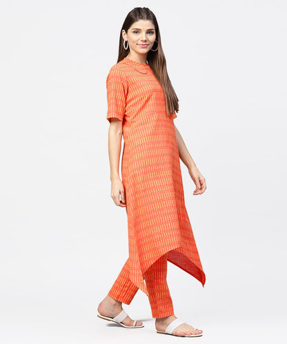 Women's Peach Half Sleeve Cotton Assymetric Kurta With Ankle Length Pant