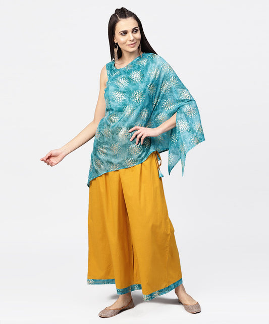 Women's Blue Boho Poncho Style Tops With Yellow Ankle Length Palazzo
