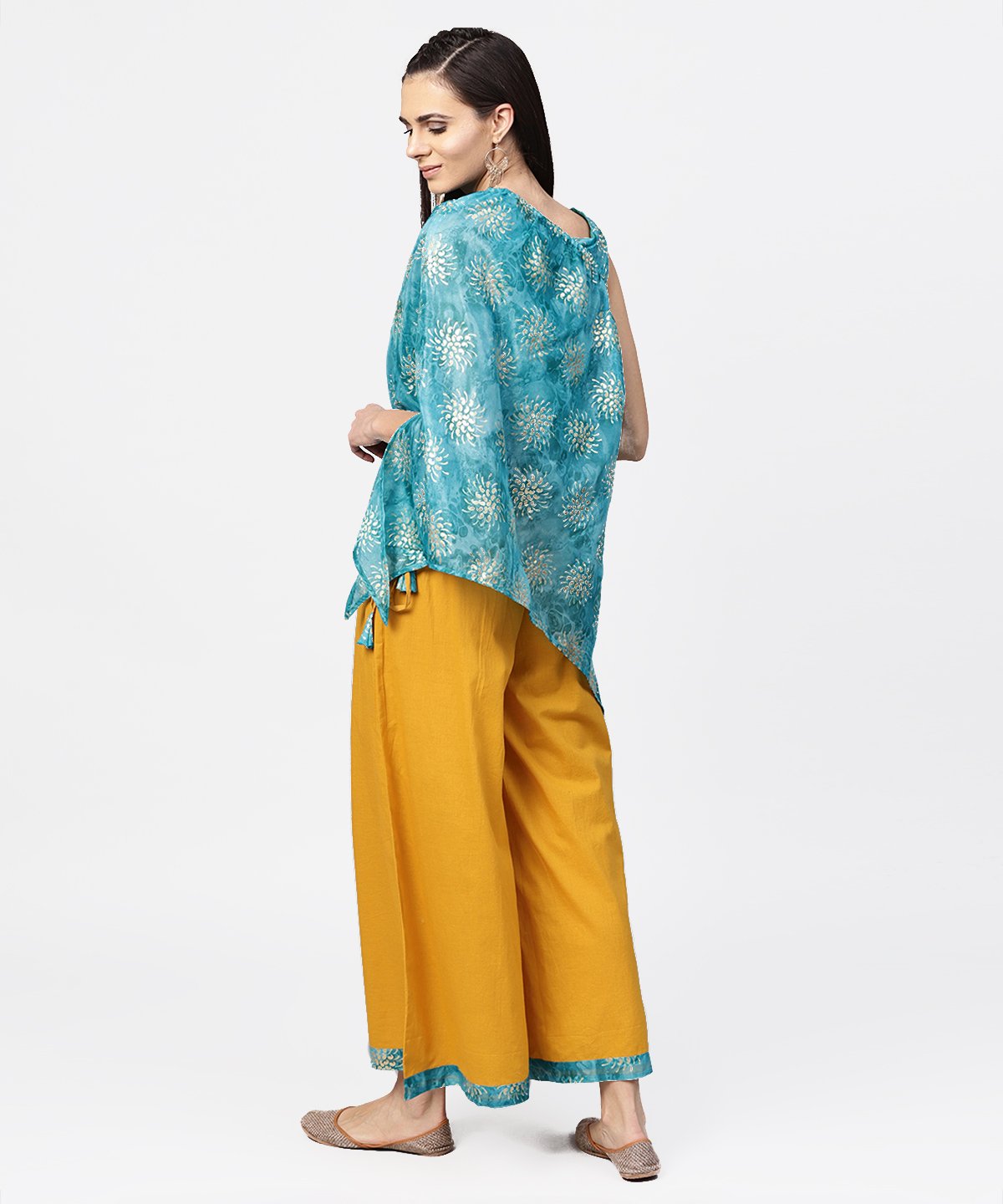Women's Blue Boho Poncho Style Tops With Yellow Ankle Length Palazzo