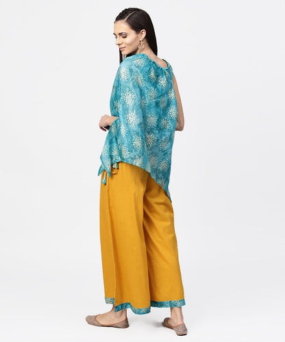 Women's Blue Boho Poncho Style Tops With Yellow Ankle Length Palazzo