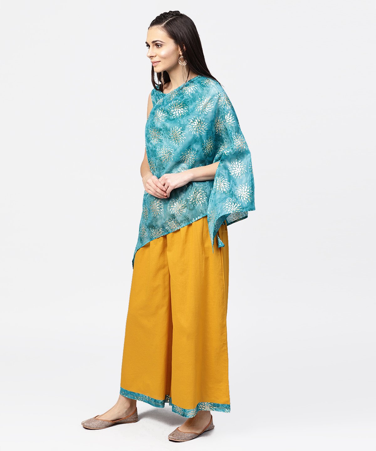 Women's Blue Boho Poncho Style Tops With Yellow Ankle Length Palazzo