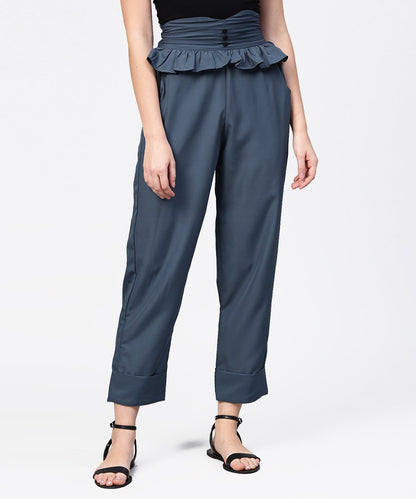 Women's Solid Grey Ankle Length Straight Trouser