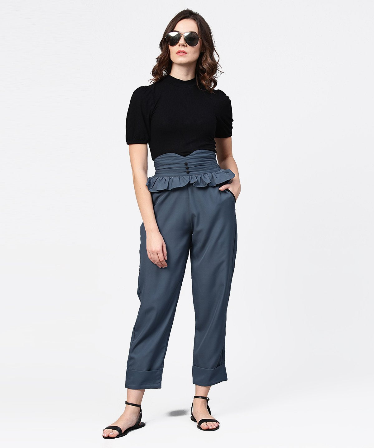 Women's Solid Grey Ankle Length Straight Trouser