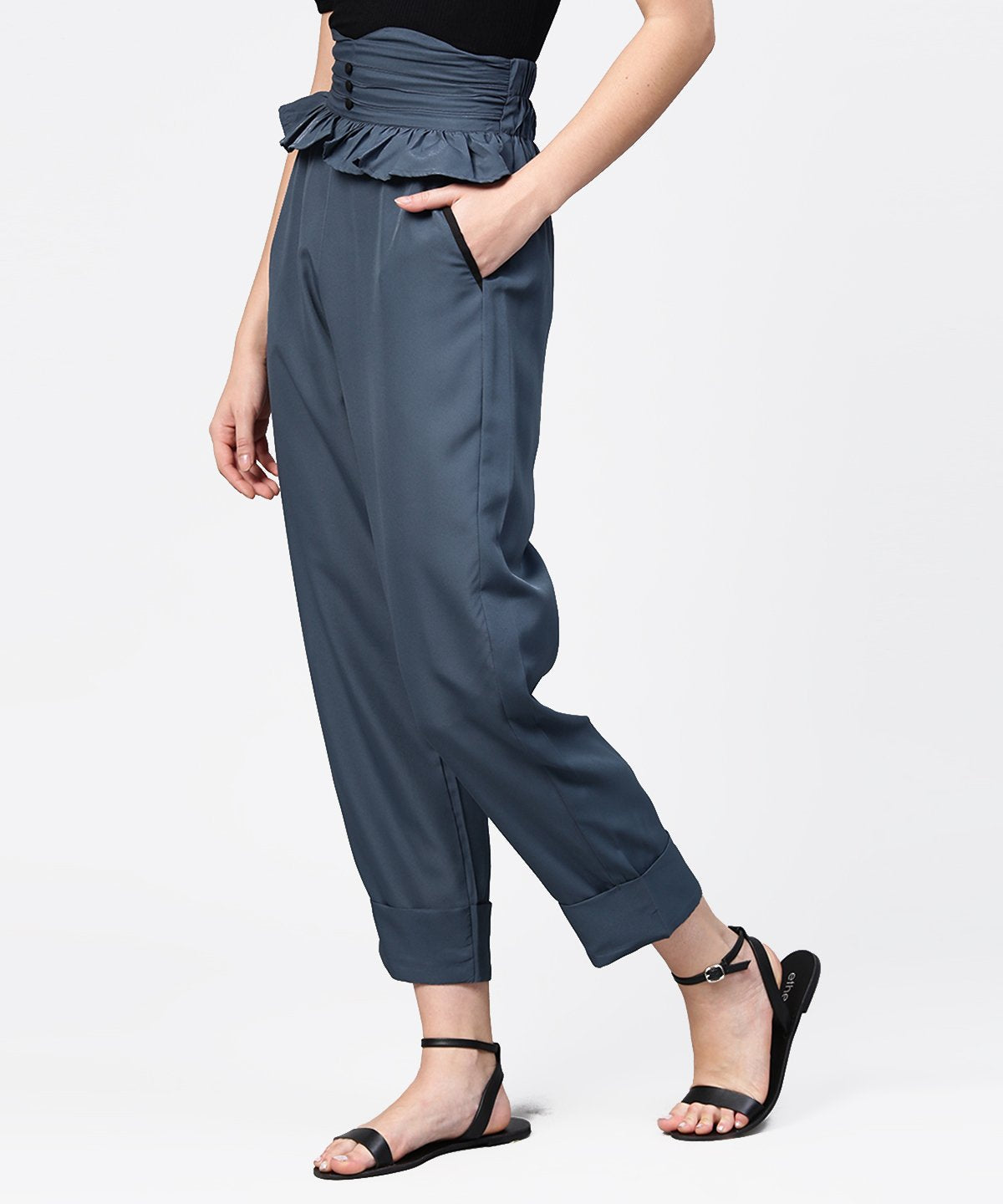 Women's Solid Grey Ankle Length Straight Trouser