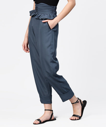 Women's Solid Grey Ankle Length Straight Trouser