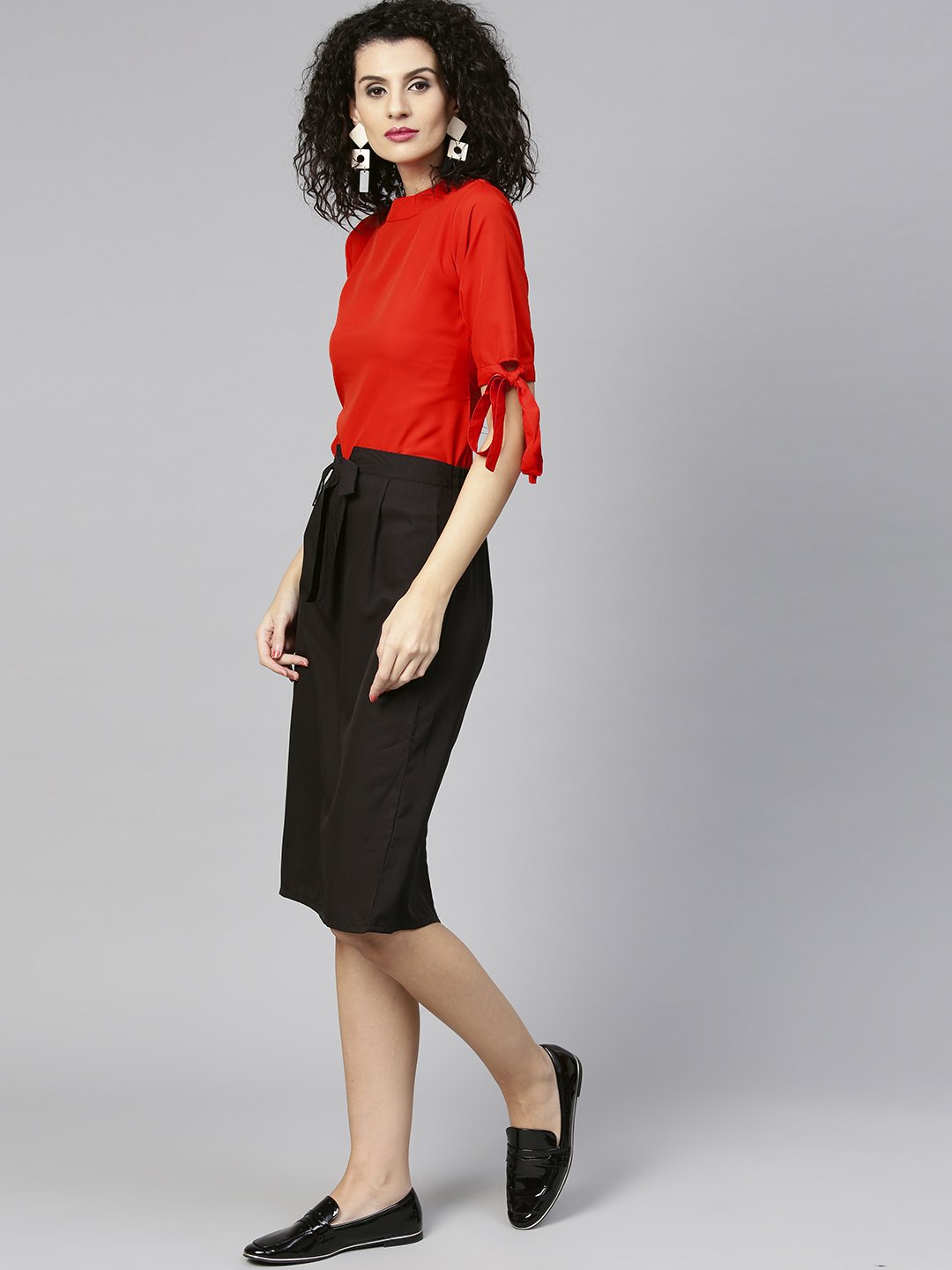 Women's Orange & Black Solid Top With Skirt