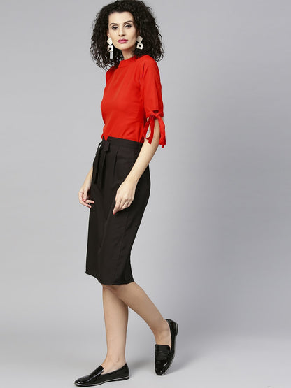 Women's Orange & Black Solid Top With Skirt