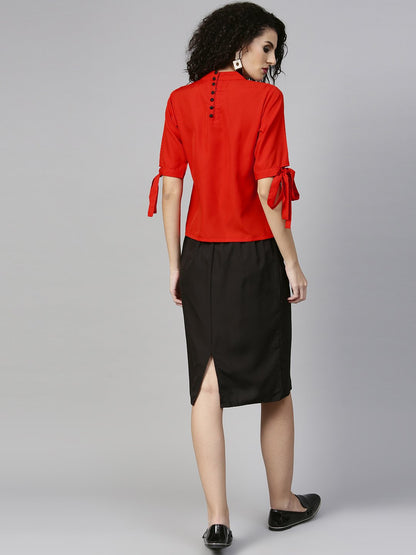 Women's Orange & Black Solid Top With Skirt