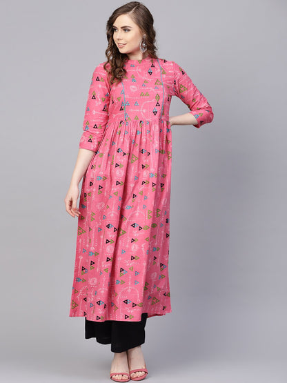 Women's Pink Tribal Printed Kurta With Roll Collar & 3/4 Sleeves