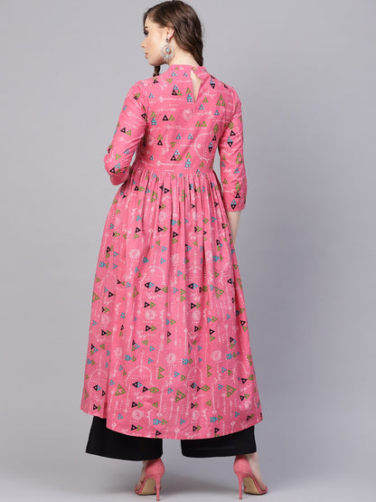 Women's Pink Tribal Printed Kurta With Roll Collar & 3/4 Sleeves
