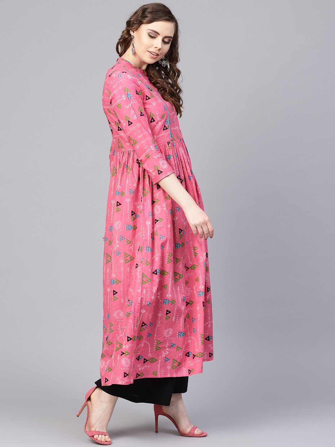 Women's Pink Tribal Printed Kurta With Roll Collar & 3/4 Sleeves