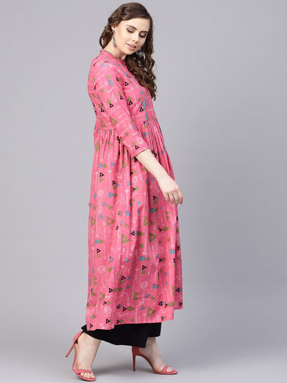 Women's Pink Tribal Printed Kurta With Roll Collar & 3/4 Sleeves