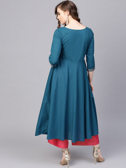 Women's Teal Blue Embroidered Kurta With Round Neck & 3/4 Sleeves