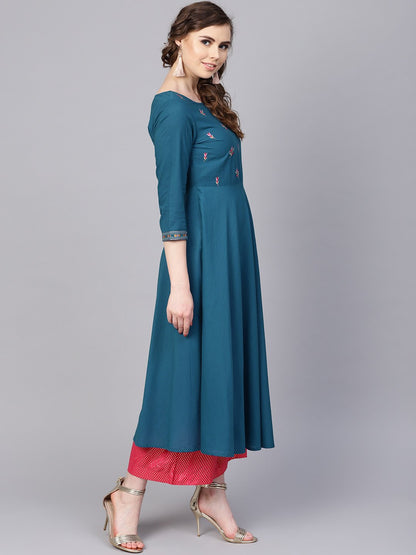Women's Teal Blue Embroidered Kurta With Round Neck & 3/4 Sleeves