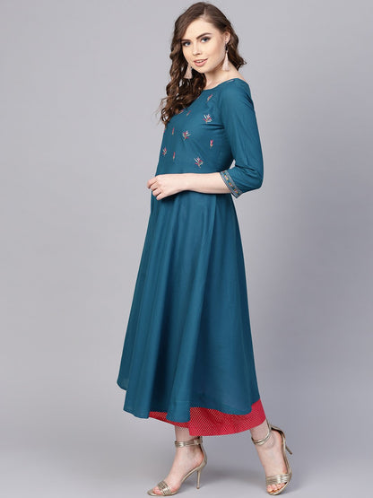 Women's Teal Blue Embroidered Kurta With Round Neck & 3/4 Sleeves