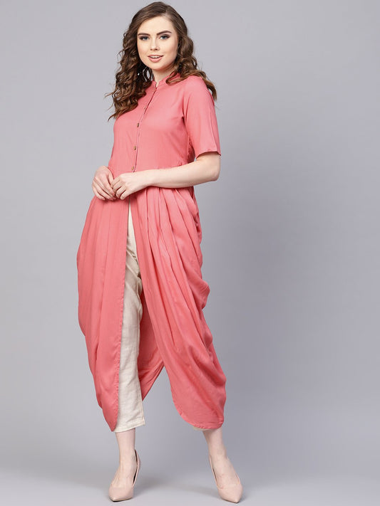 Women's Pink Rayon Half Sleeves Cowl Kurta With Front Placket & Madarin Collar