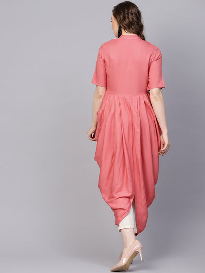 Women's Pink Rayon Half Sleeves Cowl Kurta With Front Placket & Madarin Collar
