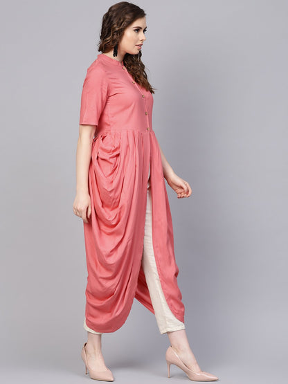 Women's Pink Rayon Half Sleeves Cowl Kurta With Front Placket & Madarin Collar
