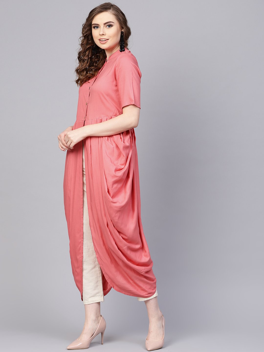 Women's Pink Rayon Half Sleeves Cowl Kurta With Front Placket & Madarin Collar