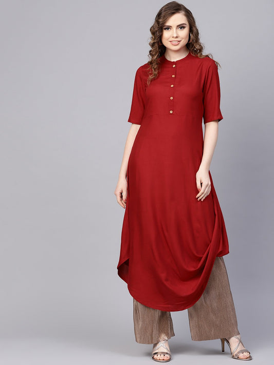 Women's Rayon Half Sleeves Maroon Cowl Kurta With Front Placket & Madarin Collar