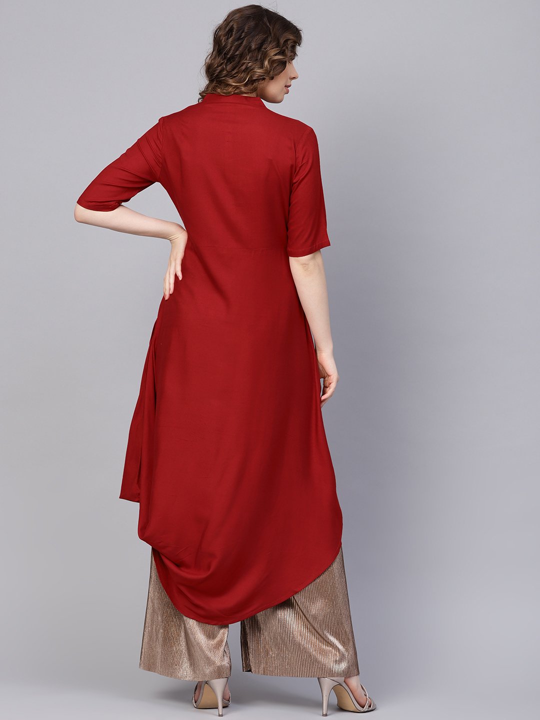 Women's Rayon Half Sleeves Maroon Cowl Kurta With Front Placket & Madarin Collar