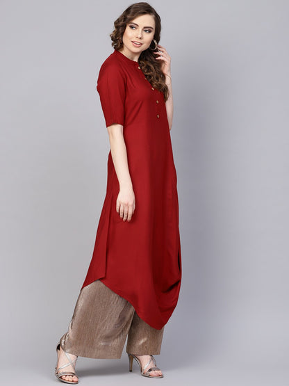 Women's Rayon Half Sleeves Maroon Cowl Kurta With Front Placket & Madarin Collar