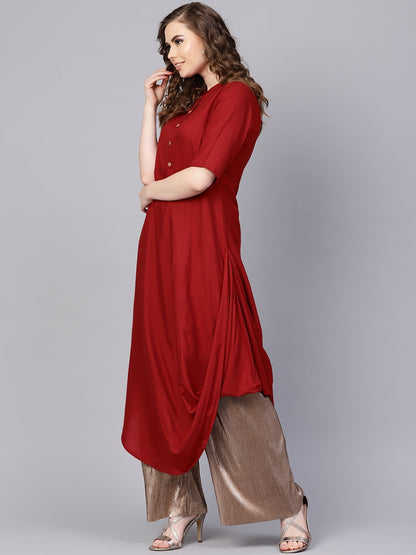 Women's Rayon Half Sleeves Maroon Cowl Kurta With Front Placket & Madarin Collar