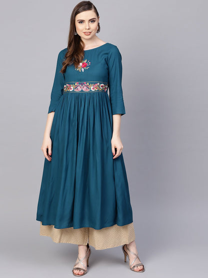 Women's Rayon Teal Blue Embroidered Kurta With Round Neck & 3/4 Sleeves
