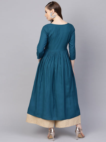 Women's Rayon Teal Blue Embroidered Kurta With Round Neck & 3/4 Sleeves
