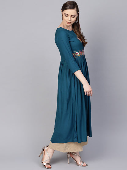 Women's Rayon Teal Blue Embroidered Kurta With Round Neck & 3/4 Sleeves