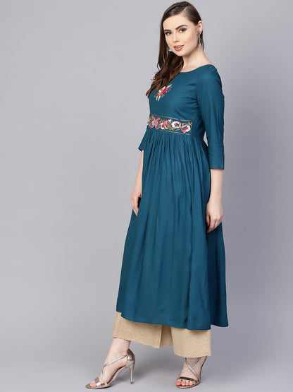 Women's Rayon Teal Blue Embroidered Kurta With Round Neck & 3/4 Sleeves
