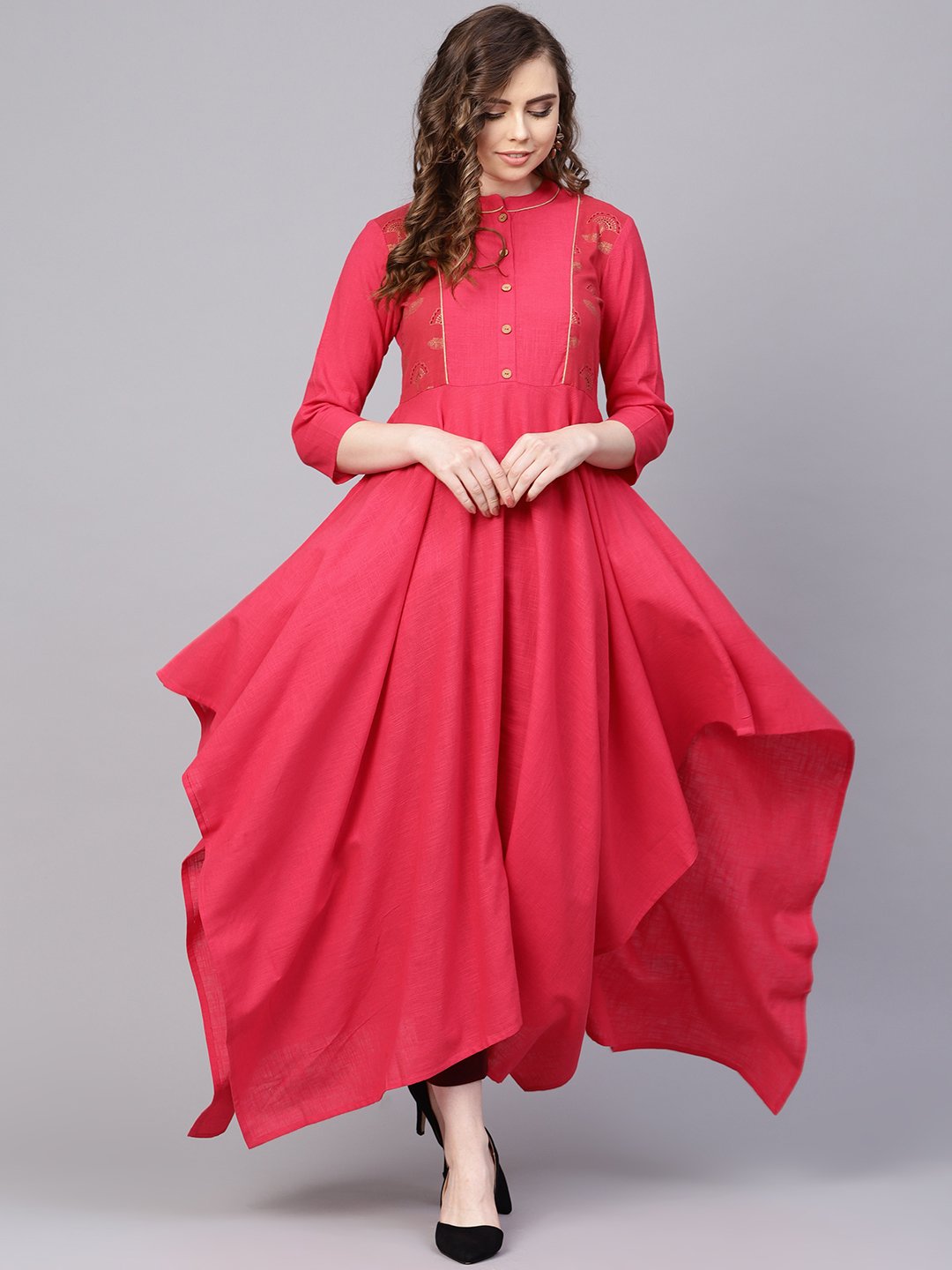 Women's Cotton Fushia Pink Asyemmetric Kurta With Madarin Collar & 3/4 Sleeves