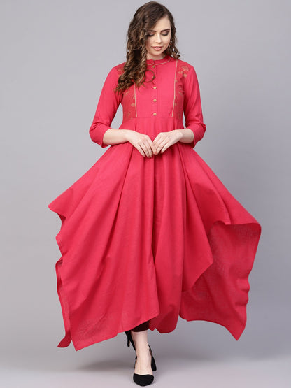 Women's Cotton Fushia Pink Asyemmetric Kurta With Madarin Collar & 3/4 Sleeves