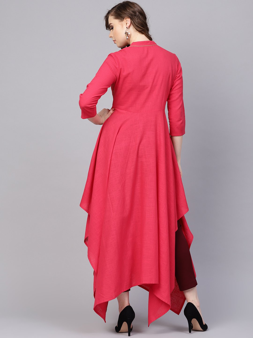 Women's Cotton Fushia Pink Asyemmetric Kurta With Madarin Collar & 3/4 Sleeves
