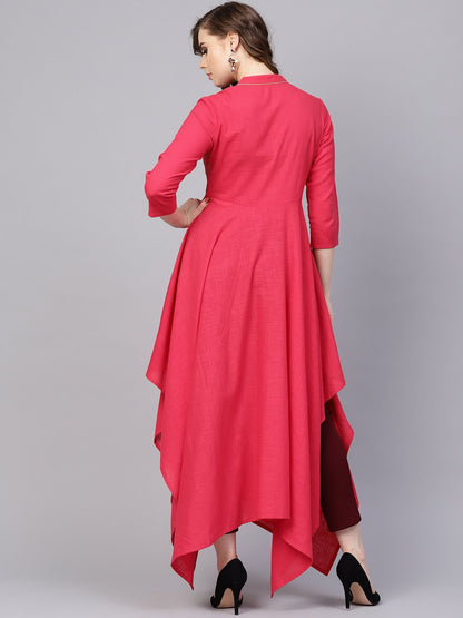 Women's Cotton Fushia Pink Asyemmetric Kurta With Madarin Collar & 3/4 Sleeves
