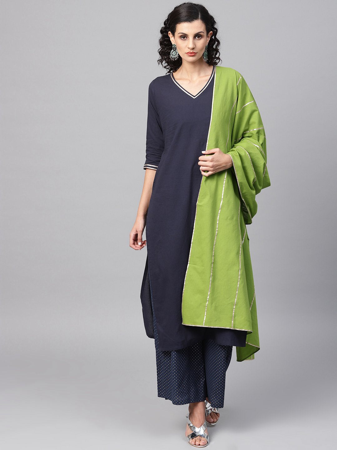 Women's Navy Blue Kurta Set With Printed Palazzo & Contrasting Green Dupatta Emblished With Gota