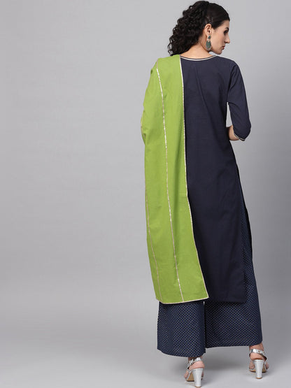 Women's Navy Blue Kurta Set With Printed Palazzo & Contrasting Green Dupatta Emblished With Gota