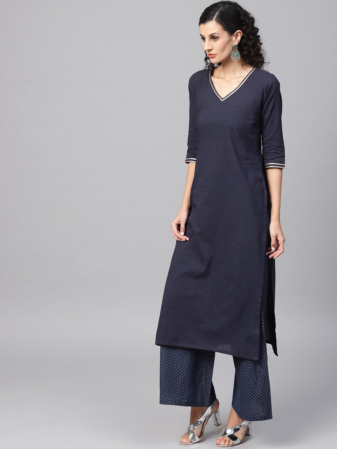 Women's Navy Blue Kurta Set With Printed Palazzo & Contrasting Green Dupatta Emblished With Gota