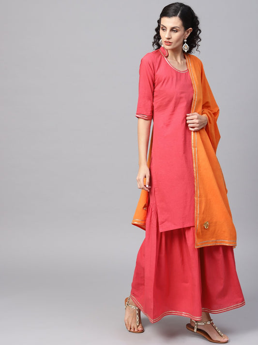 Women's Solid Red Kurta Set With Sharara & Contrasting Dupatta