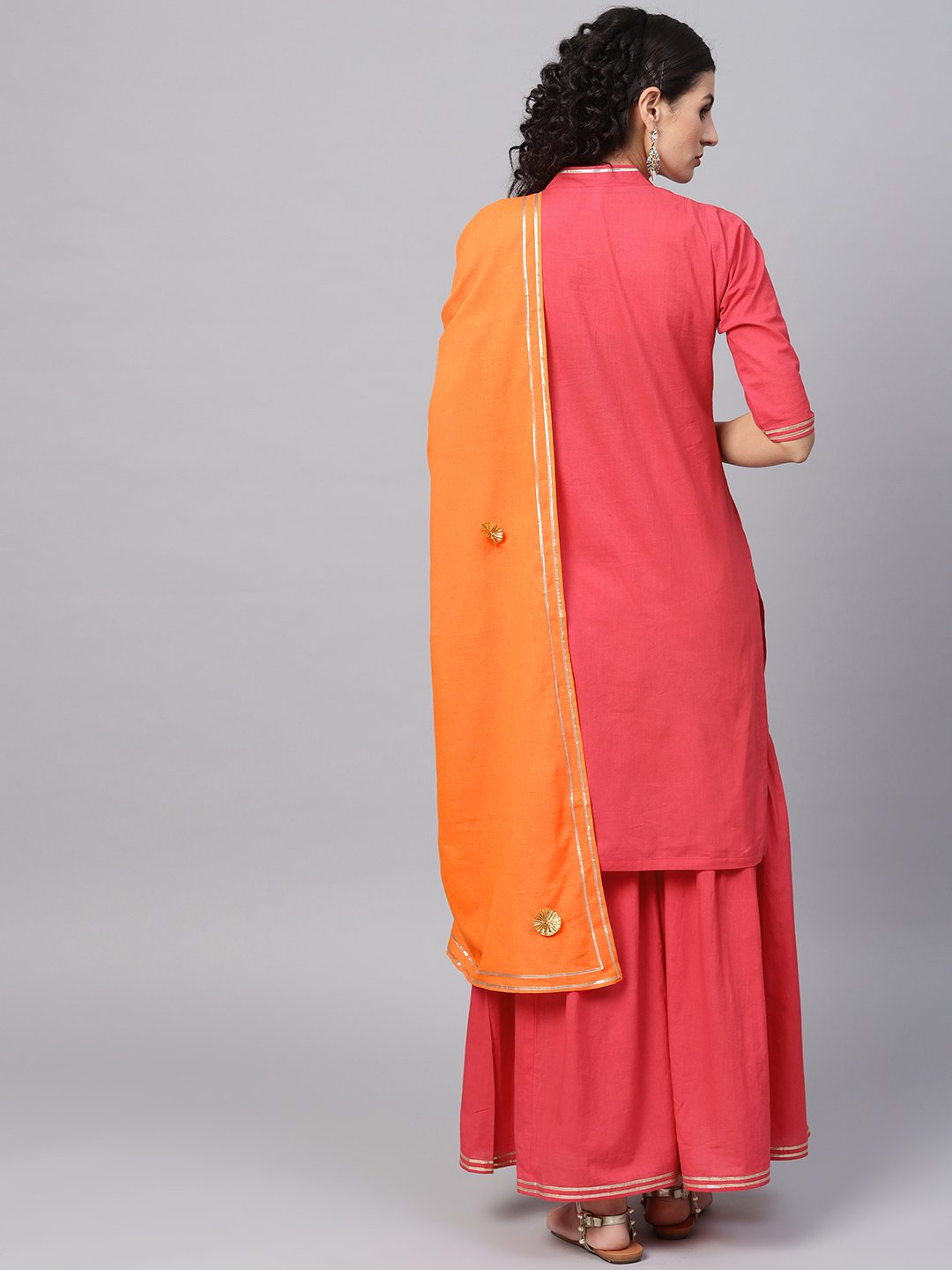 Women's Solid Red Kurta Set With Sharara & Contrasting Dupatta
