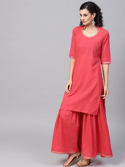 Women's Solid Red Kurta Set With Sharara & Contrasting Dupatta